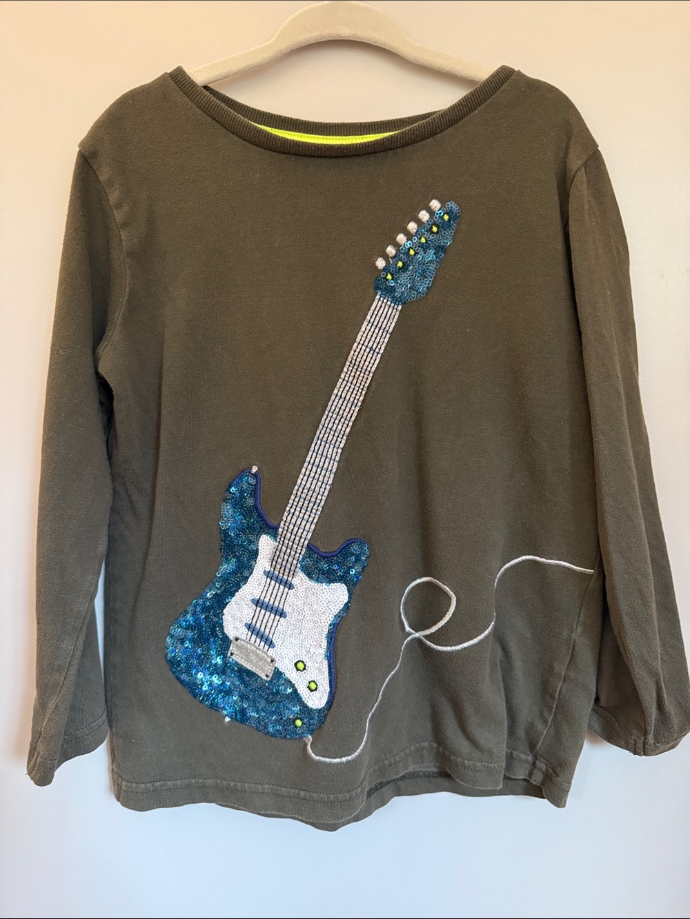 Mini Boden Olive Long Sleeve Top with Blue Sequin Guitar